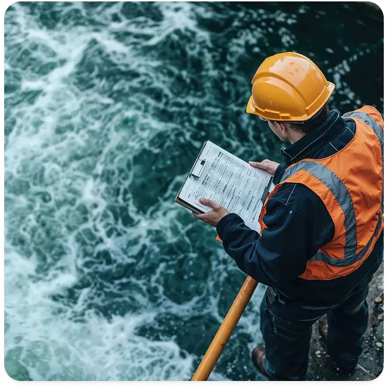 Technician reviewing data near flowing water, illustrating our team’s hands-on approach featured on our About Us page.